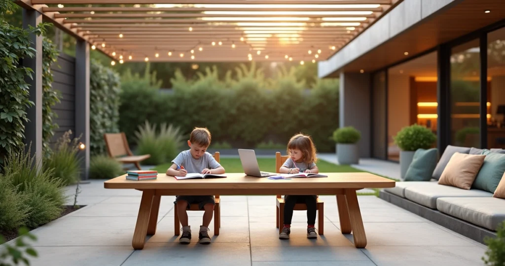Two kids studying at a modern outdoor desk in a stylish backyard garden