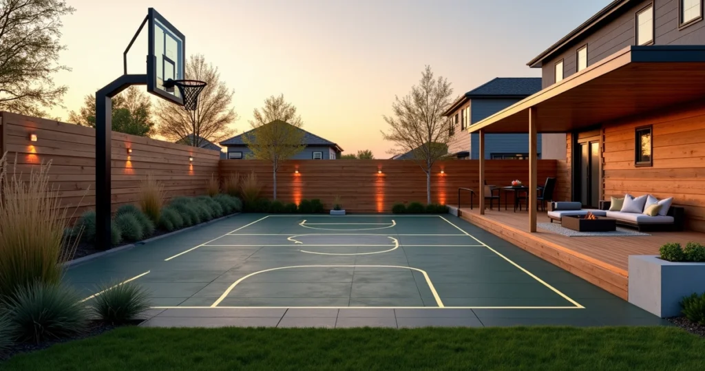 Modern small Texas backyard with a multi-sport court at sunset
