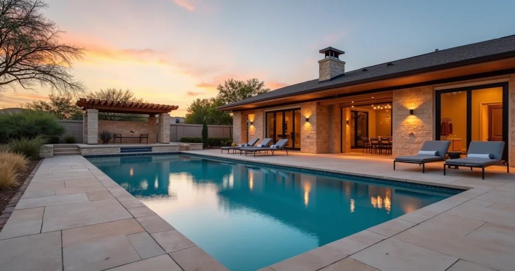 Modern masonry pool in a Texas backyard at sunset