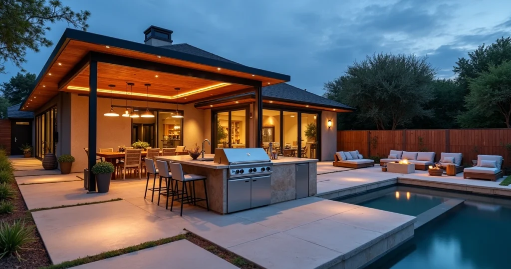 Modern outdoor gourmet area in Texas with kitchen, pergola and pool at night
