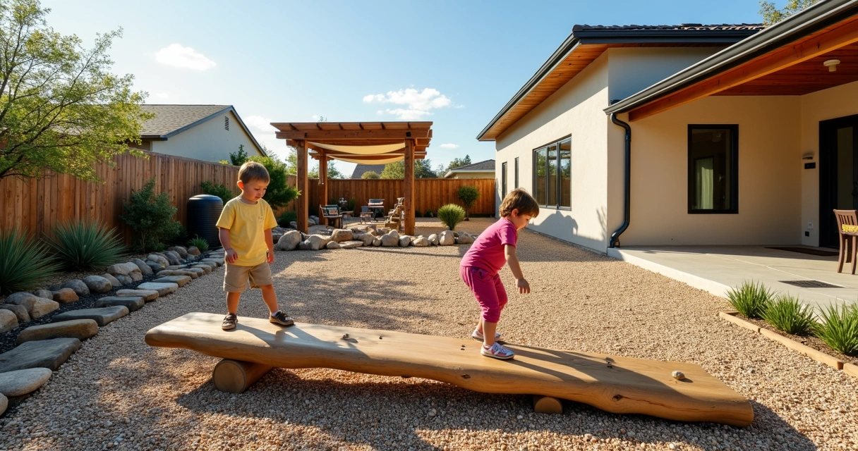 Children playing on a drought-tolerant backyard with natural play features