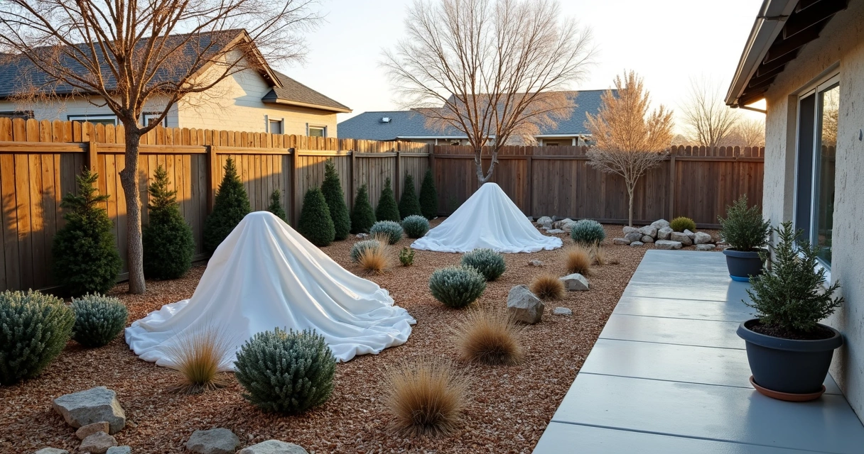 Home garden in Austin with plants covered for winter frost protection