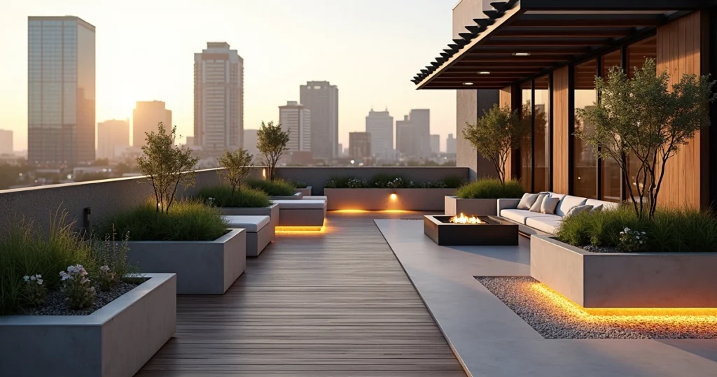 Modern rooftop terrace in Austin with lush landscaping and skyline view